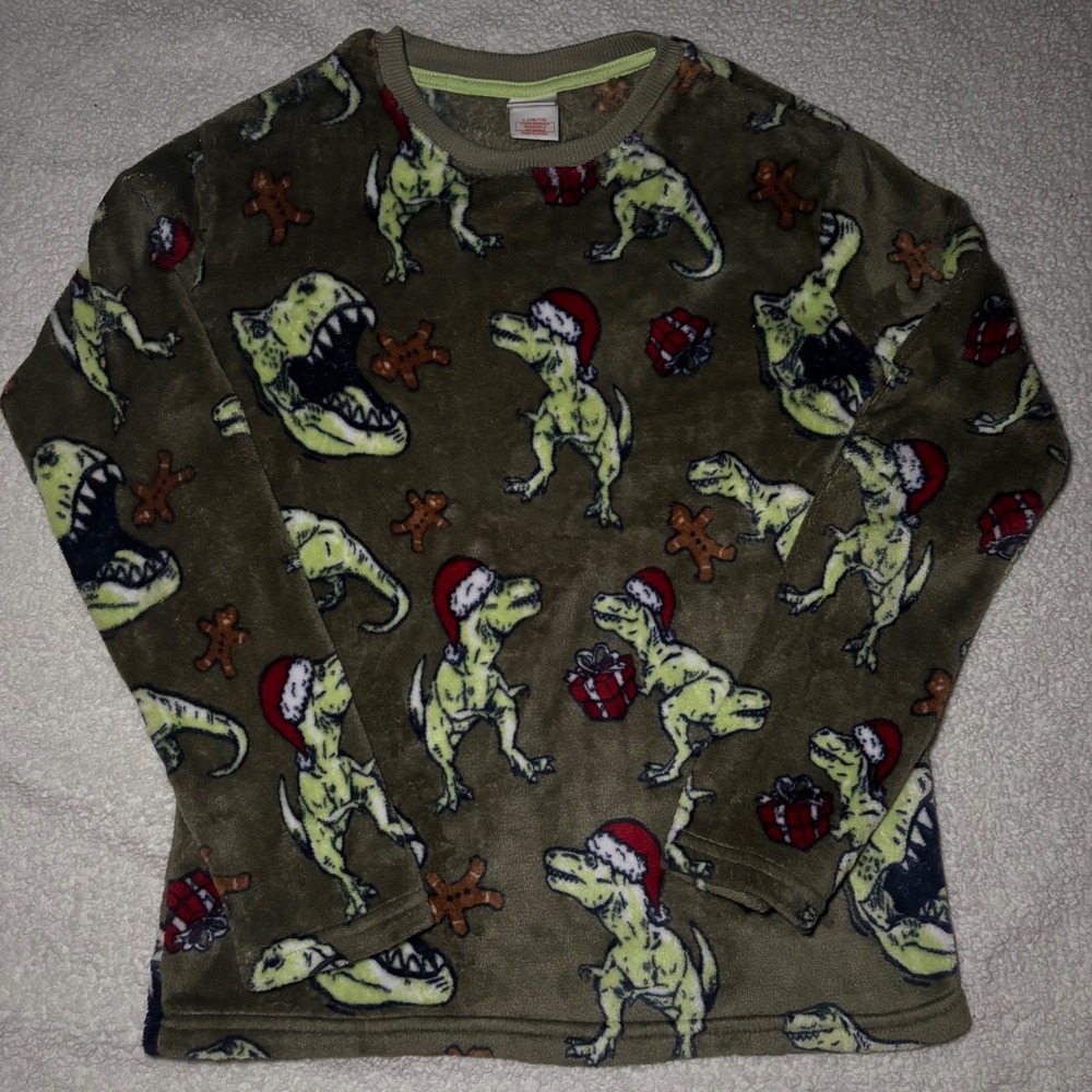 Cat & Jack Kids Holiday Dinosaur Fleece Pajama Top Olive Green L 10/12 Santa Hat
